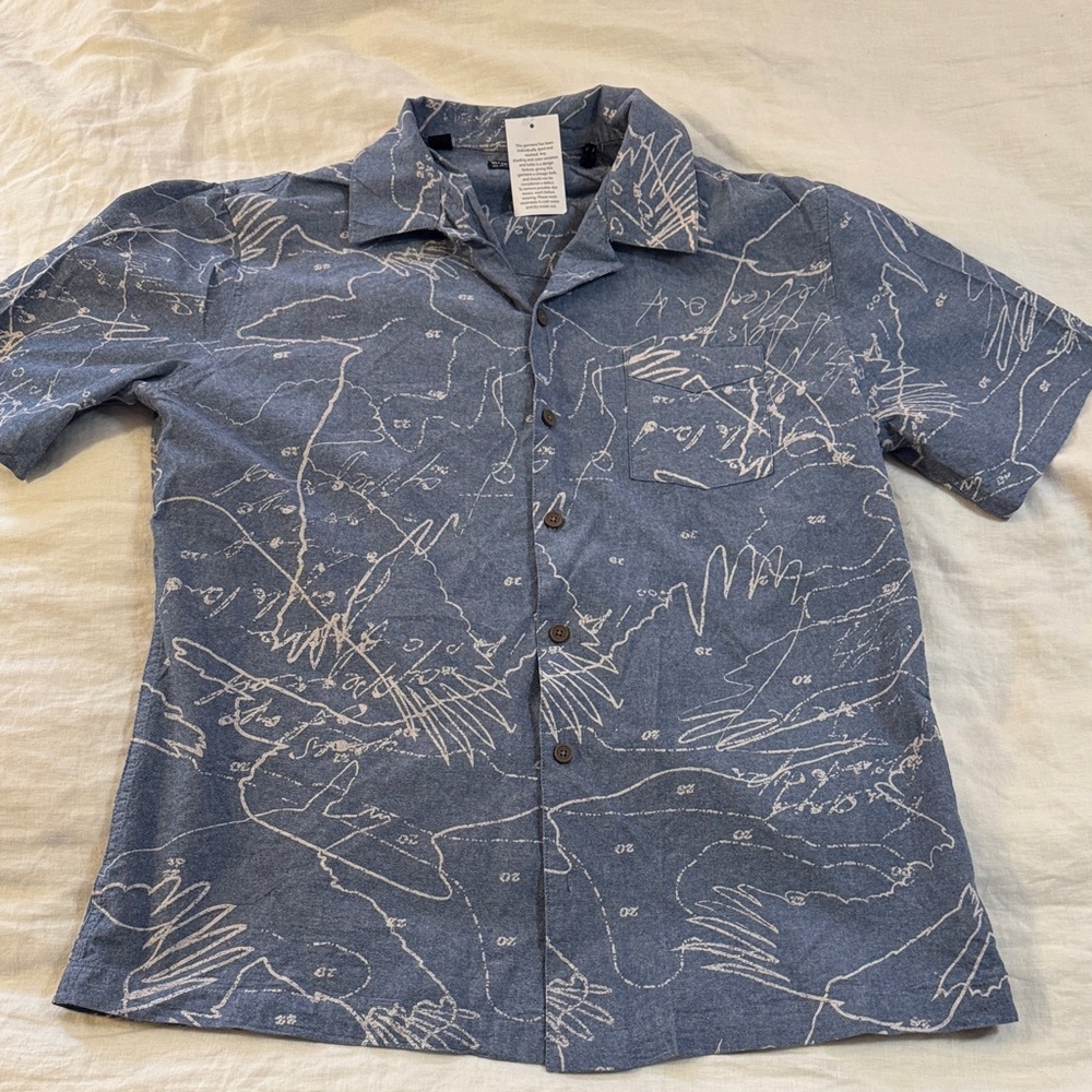David Bitton Buffalo indigo chambray camp shirt with abstract pattern mens L NWT